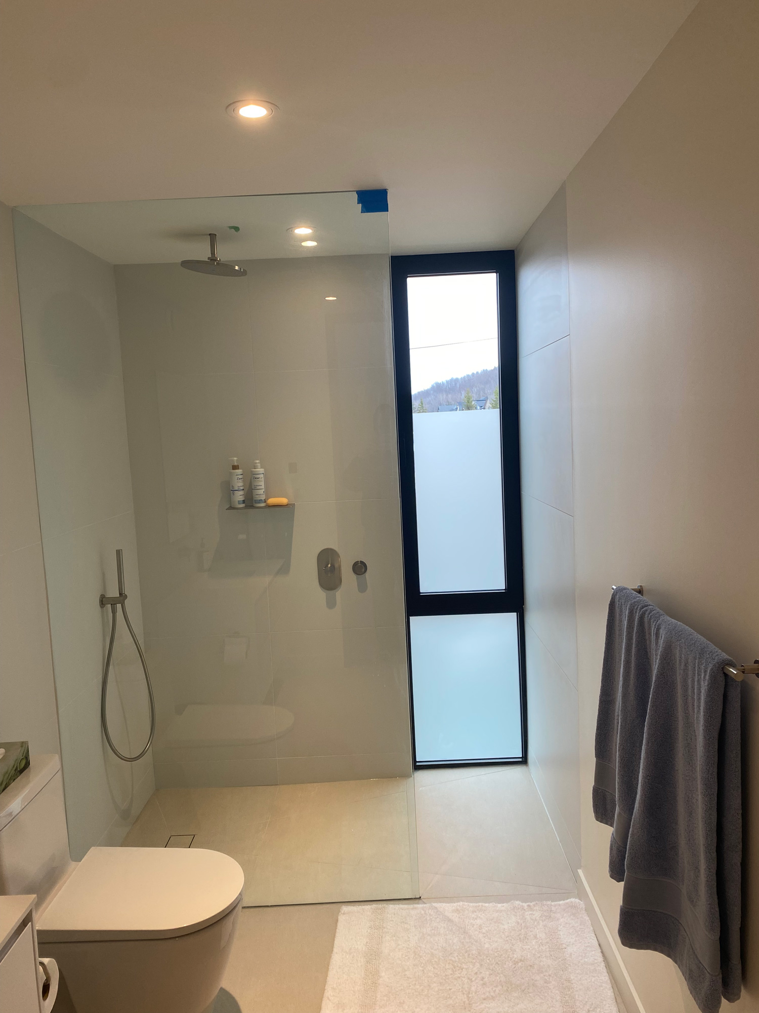 Bathroom in a Blue Mountains modern home featuring a Reynaers SL38 tilt-turn window with clear and frosted glazing beside the shower.