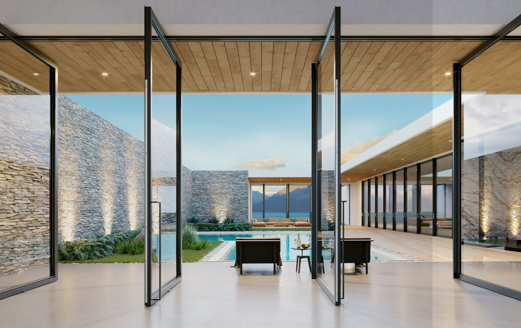 Reynaers MasterLine 8 “Landscape Pivot” glamour photo from the brochure cover, showing large pivot doors opening to a poolside view.
